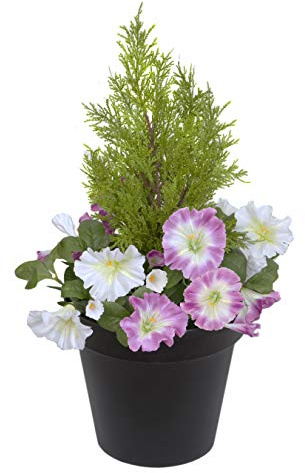 GreenBrokers Pétunias artificiels en Soie synthétique Rose et Blanc avec topiaire conifère dans Un Pot Noir idéal pour la Maison, la terrasse, Le Jardin, la Vie en Plein air 60 cm