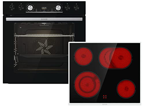 Gorenje Einbaubackofen-Set Black Set 4 Pyrolyse mit Glaskeramik-Kochfeld, 77 Liter, GentleClose & Open, AirFry, PizzaMode, ChildLock, PerfectGrill, Teleskopauszüge, Schwarz