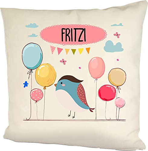 Kleckerliese Baby Kinder Kissen Kissenhülle Tiere Motiv, Vogel mit Wunschname Balon Wolken, 40x40 cm Farbe Natur