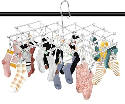 Queiting Clothes Drying Racks 35 Pegs Stainless Steel Drying Hanger Laundry Sock Drying Rack Washing Foldable Clotheshorse Wind-proof Clothes Rack Indoor Outdoor for Socks Underwear Shoe Insoles Glove