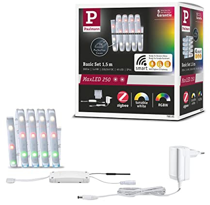 Paulmann 78865 LED Stripe MaxLED 250 Basisset Smart Home Zigbee 1,5m IP44 9W 300lm 30LEDs/m RGBW+ 24VA dimmbar Silber Kunststoff