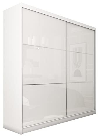MEBLINI Kleiderschrank, 3 Türen - Schwebetürenschrank mit Kleiderstange - Schlafzimmerschrank mit Einlegeböden - Wardrobe Closet - Viviana - 200 cm - Weiß/Weiß Lacobel