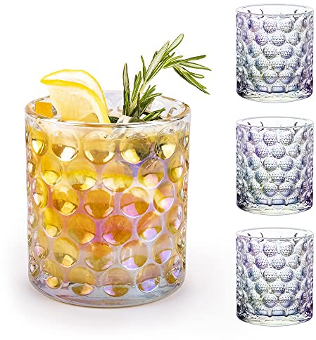 ACASSA, Iridescent Drinking Glasses, Bubble Design Hobnail Drinking Glasses, Thick Wall Drinking Glasses, Heavy Base Drinking Glosses, Cocktail glassware, Bourbon, Whiskey, Gin and Tonic Glassware