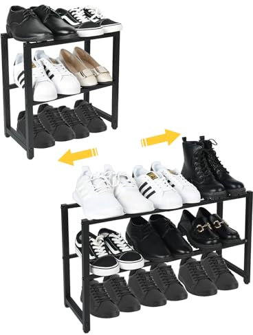 hi-home Ausziehbar Schuhregal mit 2 Etagen, Metall-Schuhständer Schmal Kleines Schuhregal, Robustes Design, Schuh-Organizer für Wohnzimmer, Kleiderschrank, Schlafzimmer und Flur, Schwarz, 70x20x37cm