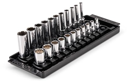 TEKTON 1/4-Zoll-Antrieb, 12-Kant Standard und tiefe Steckschlüsselsätze auf Schienen | (0.4 cm-1.4 cm ), flach und tief, Steckdosenschiene