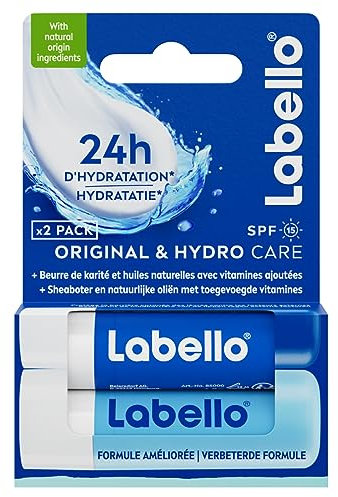 LABELLO Original & Hydro-Care (2 x 4,8g), Baume à lèvres enrichi en huiles naturelles et à la texture onctueuse & Soin des lèvres FPS 15 hydratation longue durée pendant 24H