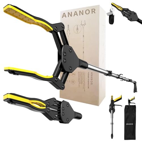 ANANOR 112 cm Extra Lang Faltbare Greifzange für Senioren, Upgrade Breiter Kiefer mit 360° Drehbarer Kopf & Aufbewahrungsbeutel, Robuste Greifer mit Magnet-Greifarm, Müllgreifer Zange, Armverlängerung