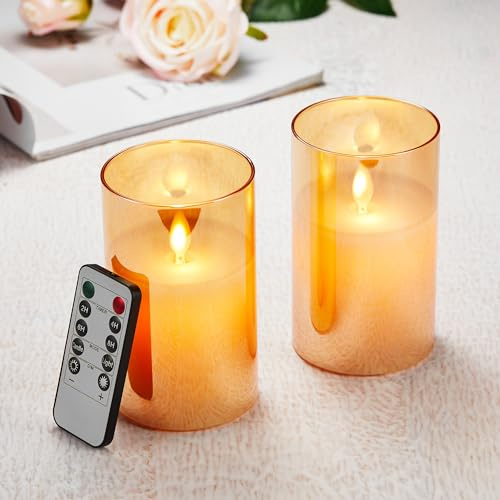 Velas LED Pack de 2, Velas Parpadeante Sin Llama, Funciona con pilas Velas con Vidrio, Vela LED Temporizador con Mando a Distancia, Real Cera, Velas Con y Regulable, Para Dormitorio Fiesta-10cm Marrón