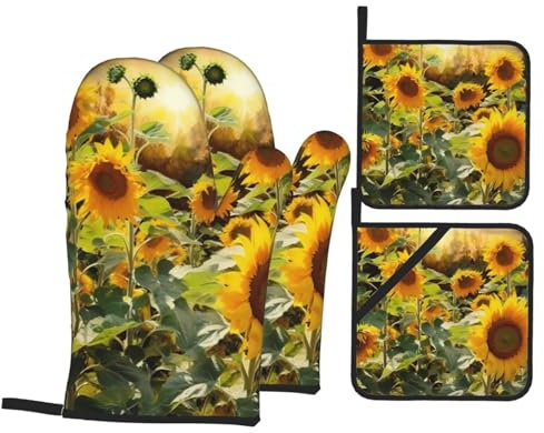 OPSREY Ofenhandschuhe und Topflappen mit Sonnenblumen-Druck, 4-teiliges Set, hitzebeständige rutschfeste Ofenhandschuhe und heiße Pads für Küche, Backen, Kochen, Grillen