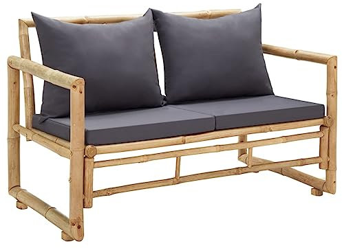 Makastle Bambus Gartenbank mit Kissen, Gartensofa Sitzbank für 2 Personen, Sitzgruppe Gartensofa mit Armlehne, 115 x 65 x 71 cm