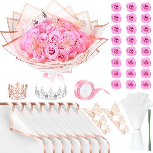 Thiccywoov 24 Pcs Glitter Roses Bouquet Artificial Rose DIY Flower Bouquet Kit Flower Wrapping Paper 3D Butterflies Crowns for Mom Graduation Birthday (Pink)