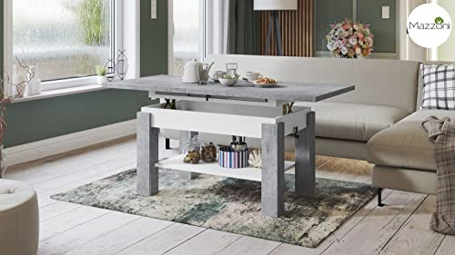designimpex Astoria Couchtisch ausziehbar höhenverstellbar 110/150cm in Beton - Weiß matt modern Ablage Wohnzimmertisch Esstisch Beistelltisch Sofatisch Couch Tisch Living Room Table Wohnzimmer