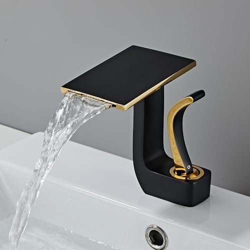 MocArt 7014 Wasserfall Wasserhahn, Waschtisch Mischbatterie, Bad Warm und Kaltwasserhahn, Gusskörper Komplett aus Kupfer, Wasserzulaufschlauch aus Edelstahl (Schwarzes Gold)