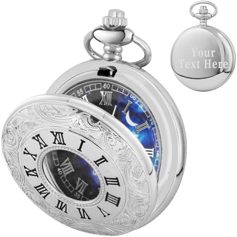 Tiong Pocket Watch Hollow Roman Numerals Vintage Blue Starry Design Quartz Pocket Watches with Chain Pendant for Men Women