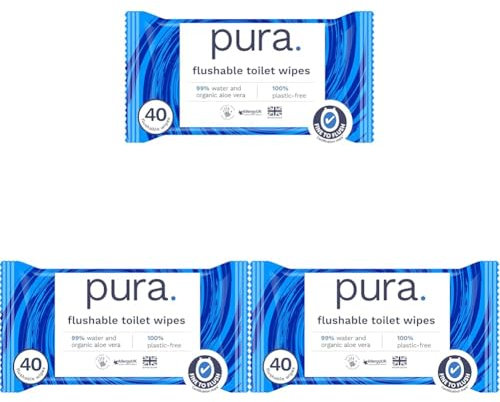 Pura Papel Higiénico Húmedo, 40 Toallitas (1 Paquete), Toallitas de Baño Desechables Para Piel Sensible, 100% Libres de Plástico, 99% Agua, Certificadas Como 'Fine to Flush' (Paquete de 3)