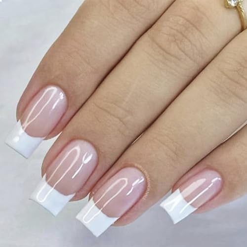 GlamRays 24PCS Weiß French Tip Press on Nails Quadrat Fake Nails Mittlere Länge Nude Rosa French Acryl Volldeckung Glänzend French Tip Nails False Nails Klebenägel