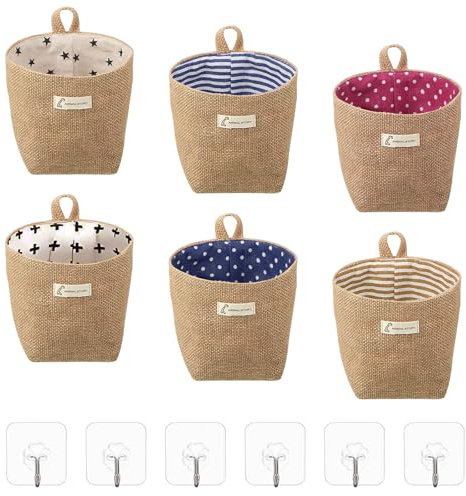 Omevett 6 Pcs Cotton Linen Storage Organiser Bag Small Hanging Storage Baskets Mini Burlap Bags Foldable Storage Basket Bag with Handle Jute Wall Baskets Storage for Toy Makeup Key Small Stuff