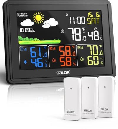 BALDR Wetterstation Funk mit 3 Außensensoren, DCF Farbbildschirm Wetterstation mit Wettervorhersage, Innen Außen Digital Hygrometer Barometer Thermomete und Benutzerdefinierte Alarme