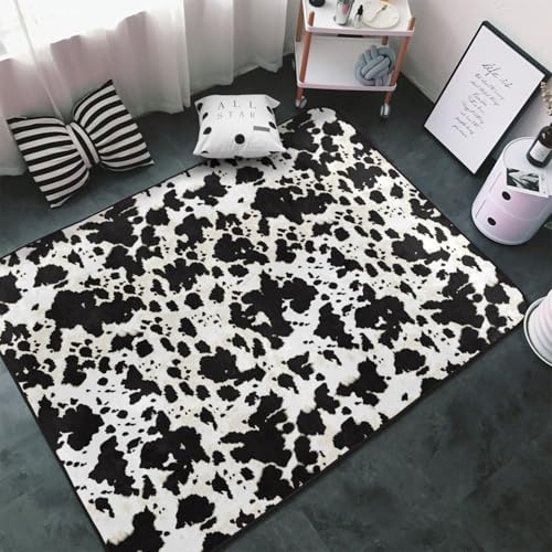 Alfombra de piel de vaca para sala de estar y dormitorio, lavable, suave, 3 x 5 pies, antideslizante, para interiores, decoración de dormitorio, estética, 60 x 39 pulgadas