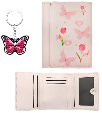 Liten plånbok för flickor, flera fickor fjäril blommönster rosa barnplånbok lätt vattentät handväska för flickor tonåring, med en rosa fjärilsnyckel, Rosa, 4.17 in, Samtida