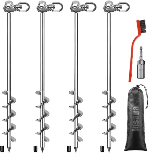 Insaga 24 Ground Anchors with a Hex Head and 360° Swivel Adjustment (4Pack), Tent Stakes Heavy Duty for Trampolines, Mobile Homes, Swing Sets, Sheds, Carports, and Securing Animals - Chrome Plated