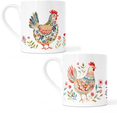 Noble & Page Set di 2 tazze in porcellana Bone China, design nordico con polli dai colori vivaci e accenti floreali, tazze da tè e caffè stampate a mano da 236 ml