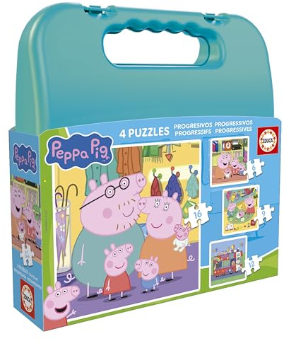 Educa - Peppa Pig | Set mit 4 progressiven Kinderpuzzles mit 6 bis 12 Teilen, präsentiert in einem fantastischen Koffer | Ungefähre Maße: 16 x 16 cm. Empfohlen ab 3 Jahren (20328)