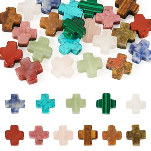 PandaHall 22 Stück natürliche gemischte Edelstein-Perlen, Oster-Kreuzperlen, Großpackung, Kruzifix, lose Steinperlen, Mini-Kreuze für Rosenkranz, Halskette, Armband, Schmuckherstellungszubehör