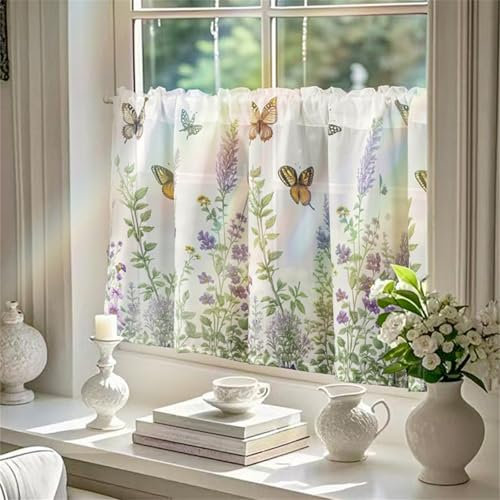 AQCQDQ Bistrogardine Kurzgardine Landhausstil Vintage Scheibengardine & Kurzstores Tüll Transparent, Frühling Schmetterling Lavendel Druck Rustikal Kurzer Vorhang Kaffee Vorhänge (BxH 150x60 cm)