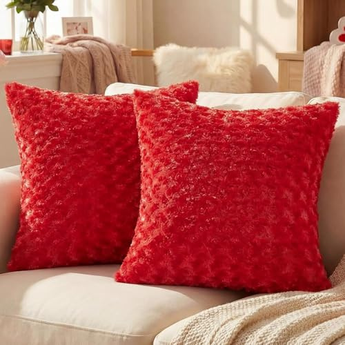 Ystyle Weicher Plüsch Kissenbezug 40x40 cm 2er Set, Dekorative Quadratische Kissenbezüge, Kissenhülle mit Reißverschluss Moderne Waschbar Langlebig für Wohnzimmer Schlafzimmer Auto, Rot