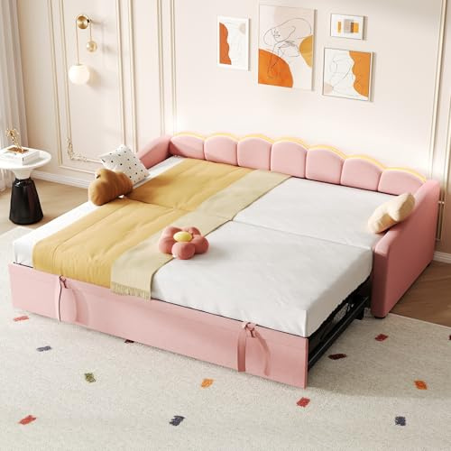 Huayz Day Bed 90x190cm,Upholstered Single Sofa Bed with Trundle,with RGB LED Lighting,3ft,Pull Out Bed,Daybed for Adults & Teenagers,Velvet