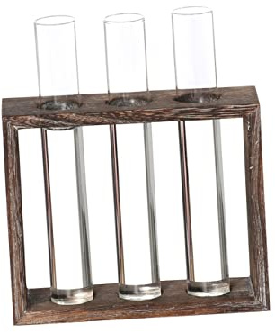 VICASKY Transparente Hydroponische Röhrenvase mit Löchern und Antik Holzrahmen Kreative Testglasvase für Blumenarrangements rutschfeste Dekovase für Innenbereich und Gartendekoration