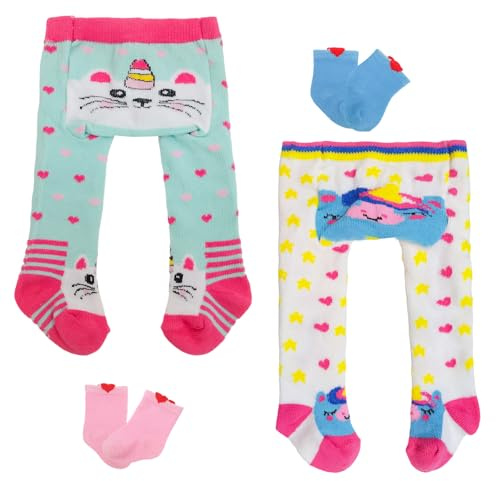 Xerteam 2er Pack Puppenstrumpfhosen Set, 2 Strumpfhosen (Blaues+Weiße), 2 Paar Puppensocken (Blaues+Rosa), für 35-43cm Puppen, Niedlich Puppenzubehör mit Tierdrucke