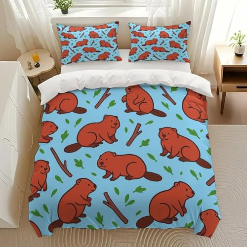 Kjdfhk Beaver Pattern Bedding Comforter Sets Bedding Set 3 Pieces (1 Duvet Cover 2 Pillowcases) with Zipper Closure Lightweight