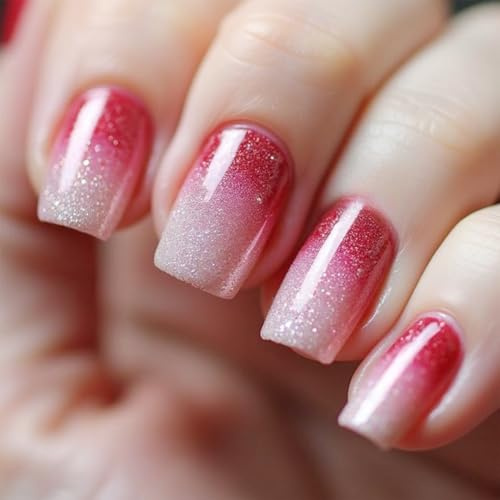 24 Stück Schimmer Gradient Press on Nails - Rosa Rot Glizter Künstliche Fingernägel Kurz - Nägel Zum Aufkleben - Full Cover Quadratisch Fake Nägel für Frauen ＆ Mädchen (Shimmer Rosa Gradient)