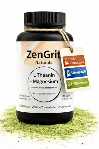 ZenGrit L Theanin 200 mg hochdosiert, vegane Kapseln mit Magnesium kombiniert, 180 Stück 6 Monate Vorrat, ohne Zusatzstoffe, laborgeprüft in Deutschland