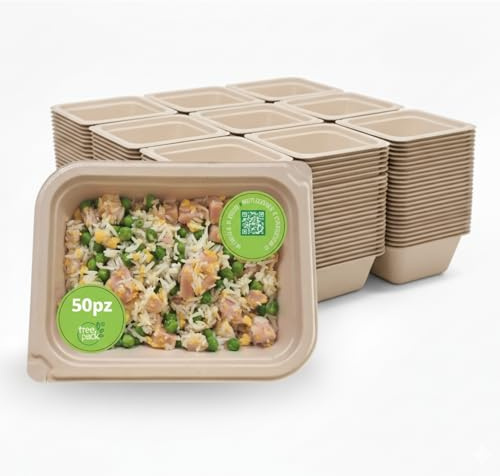TreePack Vaschette per alimenti usa e getta monoporzione approvata Moca 50 pz, contenitori per alimenti compostabili per microonde, forno e freezer, Brevetto Easy Green da -20 a 200°C