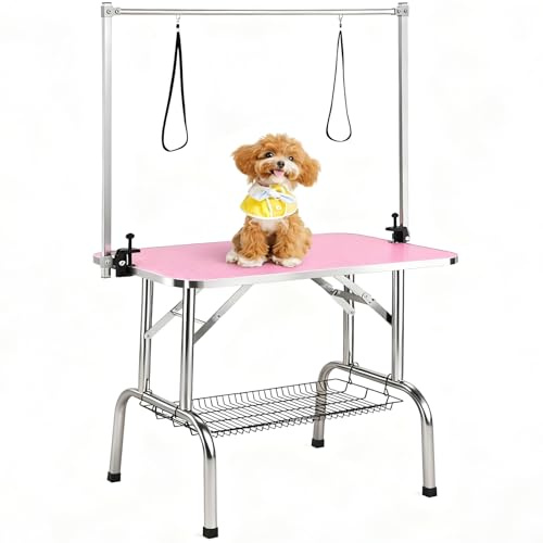GarveeTech Dog Grooming Table, 36 Inch Adjustable Height Pet Grooming Station with Arm & Noose, Foldable Design, Non-Slip Surface & Mesh Tray, Holds Up to 330Lbs for Cat/Dog Trimming Drying, Pink