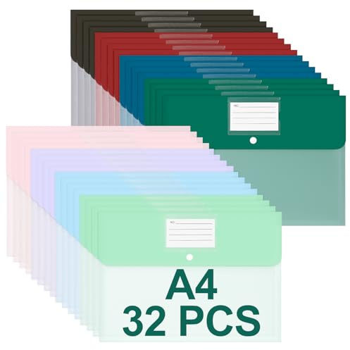 Euqvunn 32 Stückdokumentenmappe A4, 8 Farben - Wasserdichte Klarsichthüllen A4 mit Druckknopf, PP Postmappe für Aufbewahrung & Organisation im Büro, Schule, Zuhause & Reisen