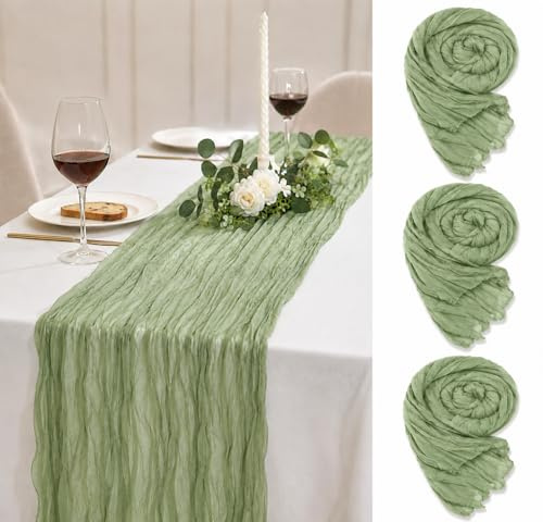 3 Stück Boho Käsetuch Tischläufer, 90×300CM Salbeigrün Rustikaler Gaze-Stoff, Seihtuch Tischläufer, Boho-Dekoration für Hochzeitsdeko, Taufe Deko,Tischdeko Geburtstag, Babyparty (Salbeigrün)
