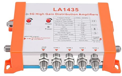 Luocute Amplificatore di Distribuzione Ad Alto Guadagno da 35 DB, Amplificatore di Segnale a 4 Vie con Tecnologia a Cascata IRS Loop, per TV Televisivi Via Cavo (Spina europea)