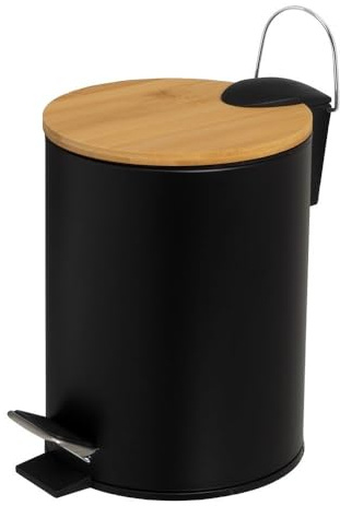 Papelera de baño de Pedal Negro Mate Redonda de 5 litros con Tapa de bambú | Cuerpo de metal antihuellas. Cubo interior extraíble de propileno negro con asa. Ideal para baños y habitaciones pequeñas