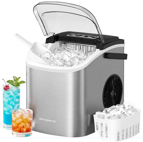SONGMICS Máquina de Hielo, Máquina de Cubitos Autolimpiante, 9 Cubitos en 6 Minutos en 2 Tamaños, 12 kg en 24 Horas, Portátil, Casa, Cocina, Oficina, Fiestas Camping, Gris Plateado XZB001E1EU