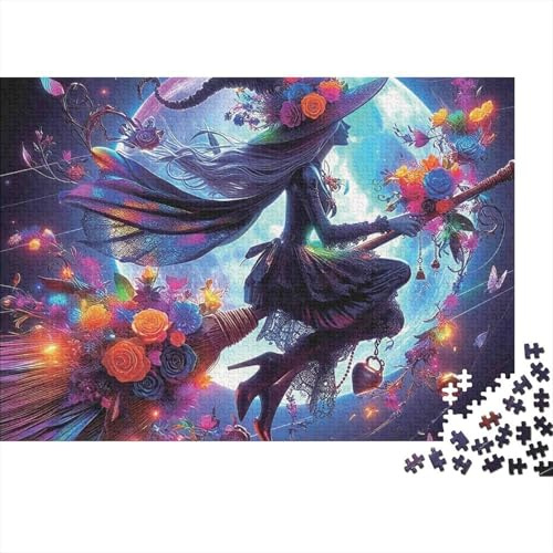 Witch Flying Moon 1000 Piece Colorful Witch on Broom Jigsaw Puzzle For Adults Thick Card Board Decompression Educational Game Great Gift Idea