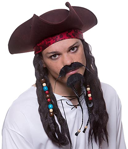 Wicked Costumes Adult Unisex Super Deluxe Brown Pirate Hat with attached Braids & Beads Fancy Dress Accessory