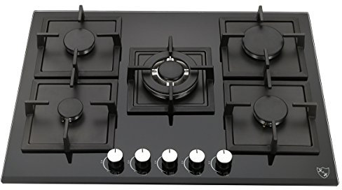 K&H Glas Gaskochfeld 70cm [5 ZONEN] - Gasherdplatten Erdgas - Wok Brenner - Thermoelement Flammenaustrittssystem - 5Z-KHG - Autark - Gasbetrieben - Gehärtetes Sicherheitsglas - Abschaltautomatik