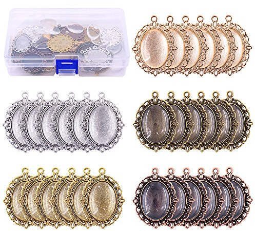 Swpeet 60-teiliges Anhänger-Tabletts, inklusive 30 Stück 5 Farben, ovale Lünetten mit 30 Glaskuppelfliesen zum Basteln, DIY-Schmuckherstellung