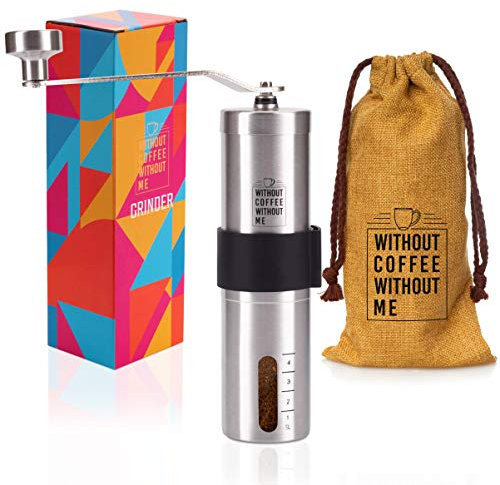 NOUTEN® Premium Hand-Kaffeemühle mit Keramik-Mahlwerk - Kompakte Kaffeemühle mit Tasche und Halterung auf Reisen – Stufenlose Einstellung des Mahlgrades
