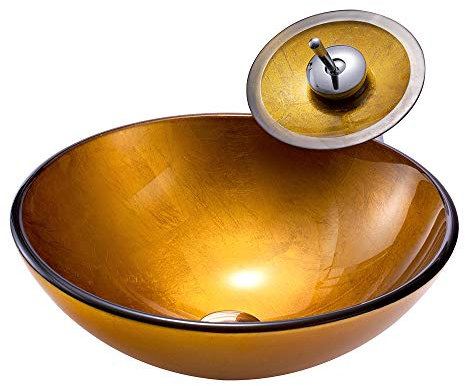 HomeLava Modern Stilvoll Glas Waschbecken Set Rund Gehärtetes Glas Waschtischplatte mit Wasserfall Armatur Set