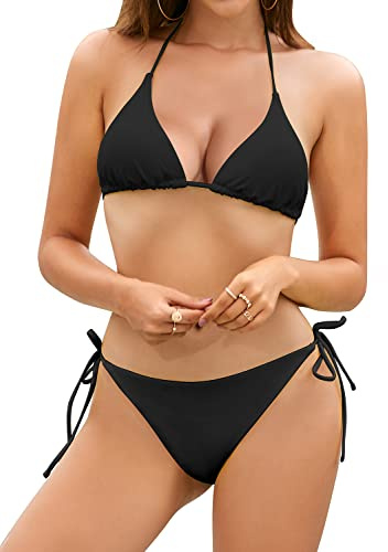 SHEKINI Damen Bikini Set Verstellbar Neckholder Triangel Bikinioberteil mit Low Waist Schnürung Tanga Bikinihose Zweiteiliger Badeanzug